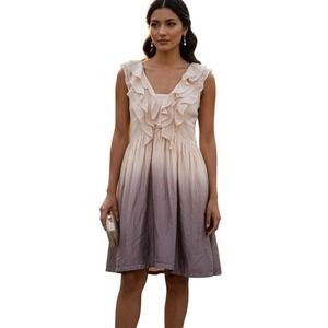 Lipsy London Dress Size 14 Brown Beige Dip Dye V Neck Frill Party 1005 SILK